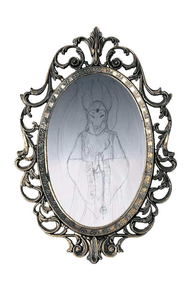 Lady Darigan reflected in the mirror, before and after the curse